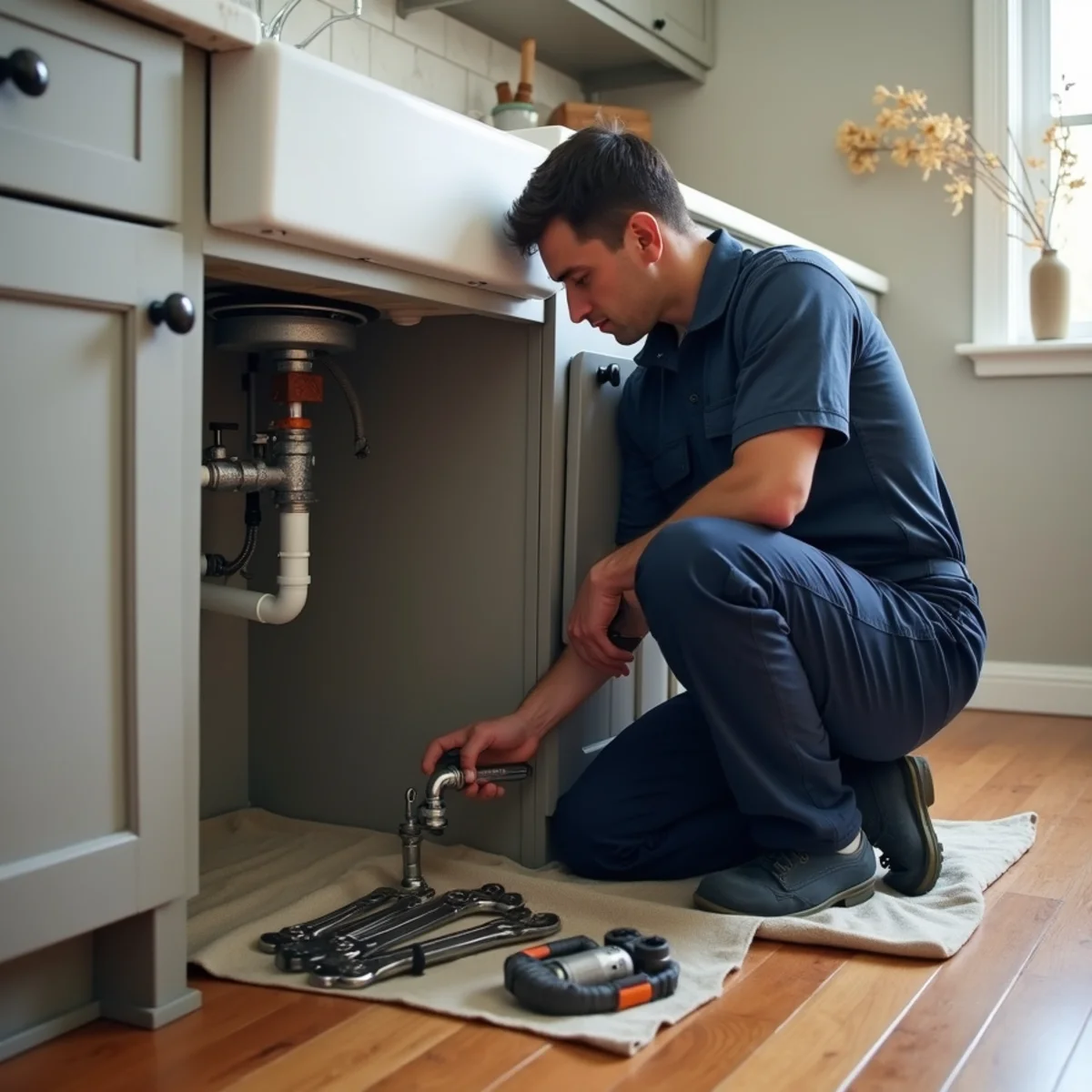 A plumber working neatly under a sink with organized tools