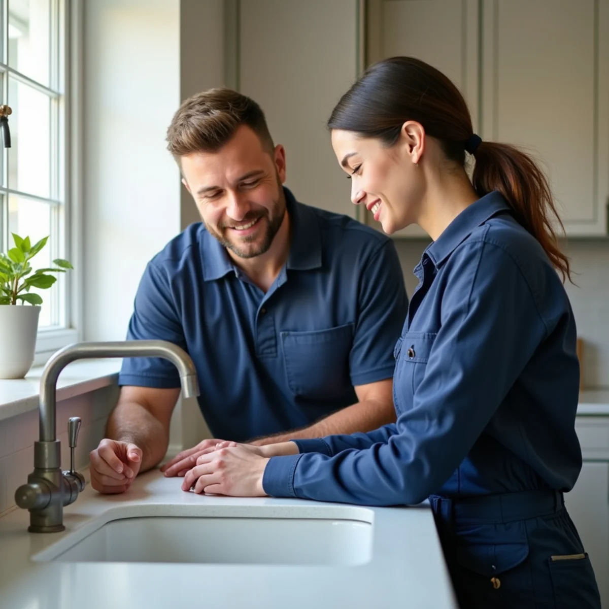 A plumber explaining a repair recommendation to a homeowner