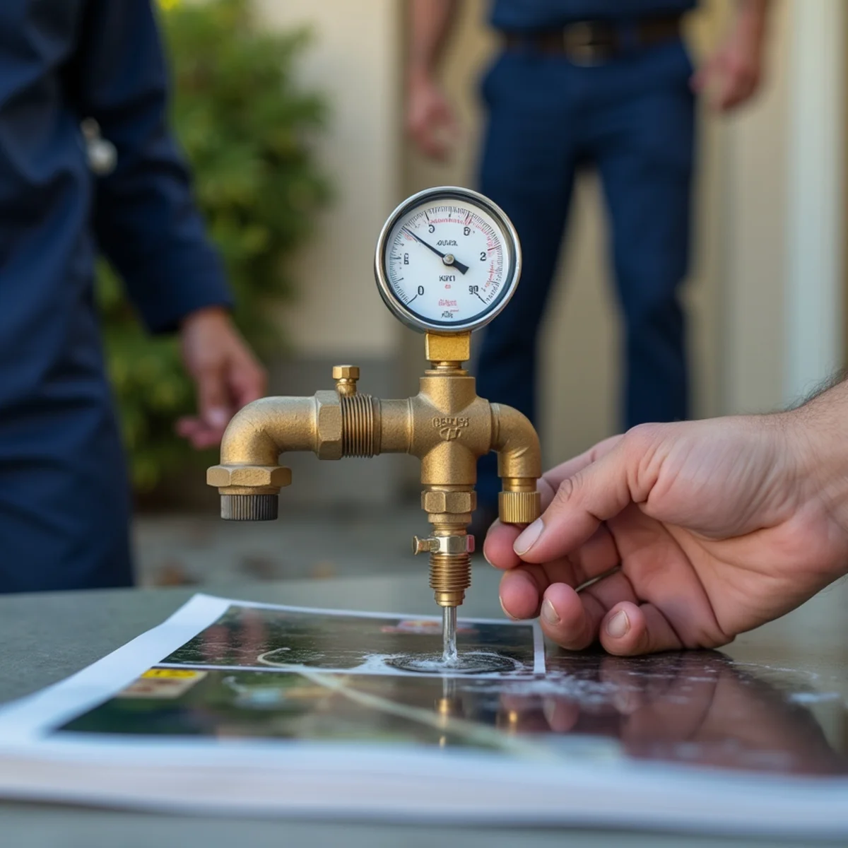 A water pressure gauge attached to a hose bib showing a high reading