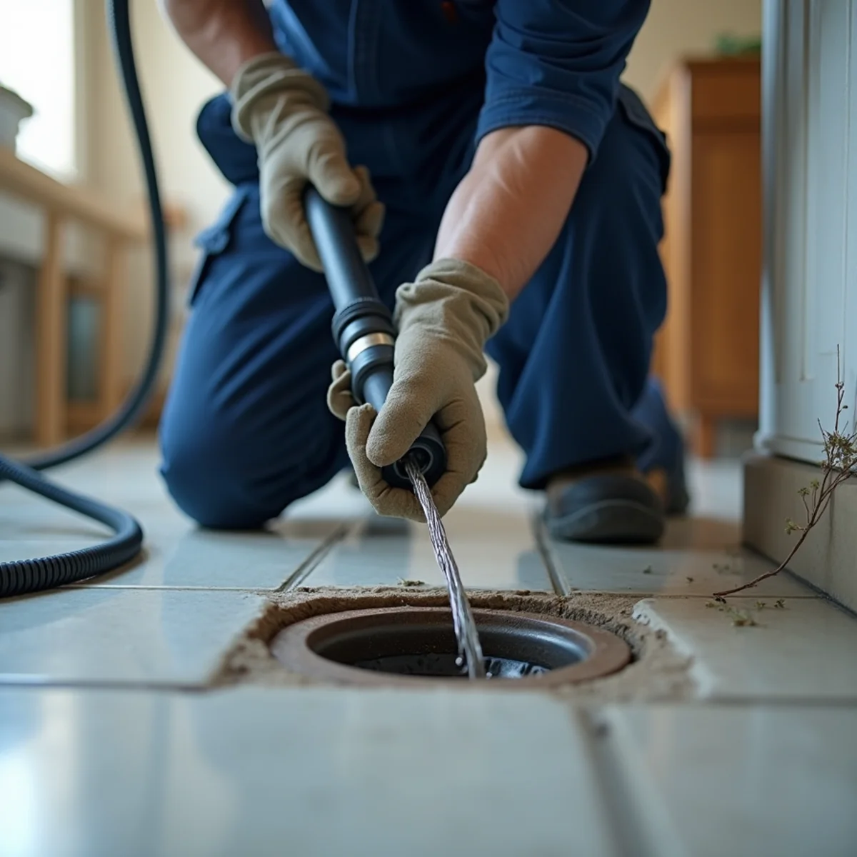 High-pressure hydro jetting nozzle beside a drain cleaning cable