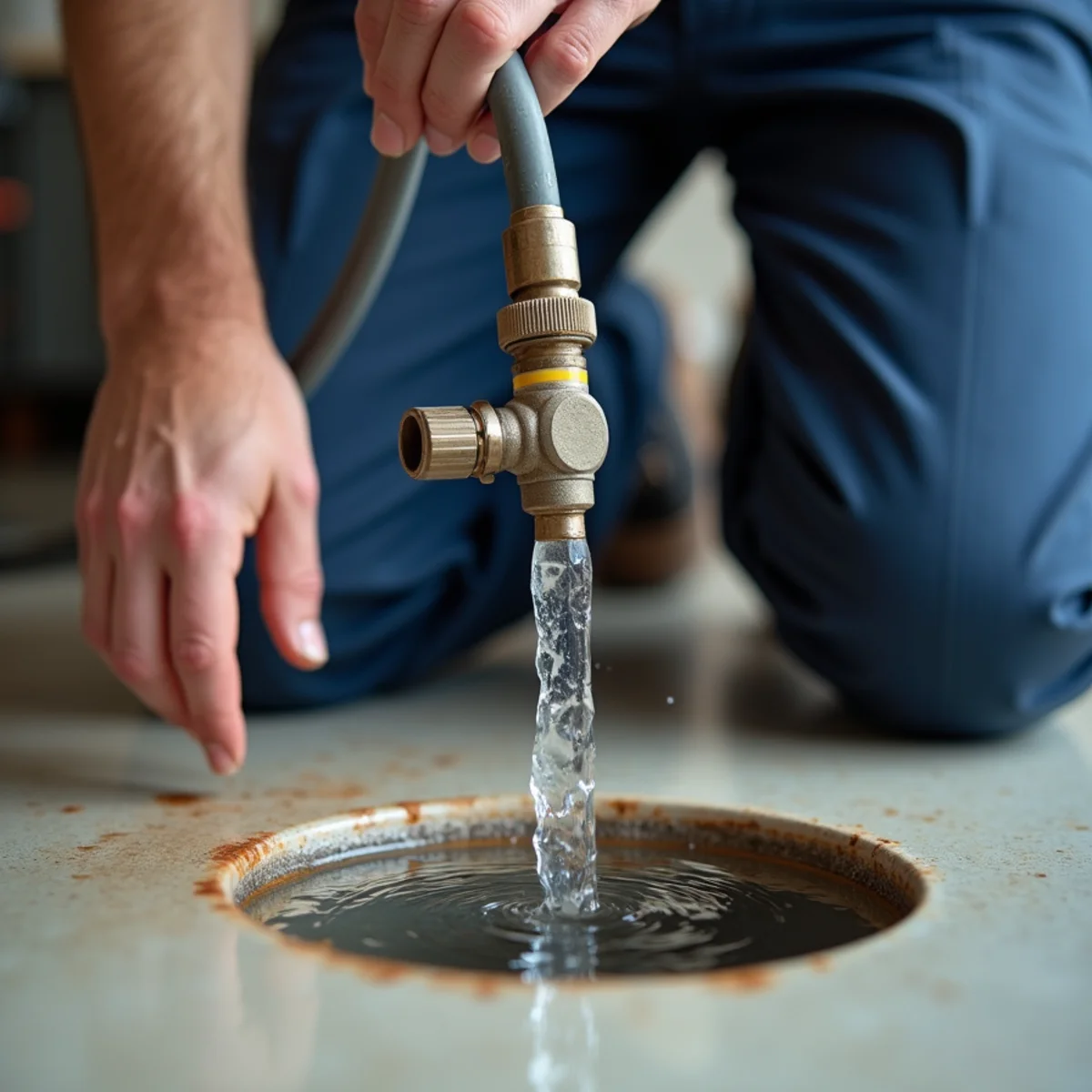 A garden hose connected to the drain valve of a water heater for flushing