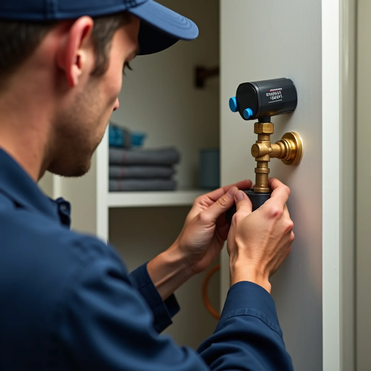 A motorized smart shutoff device installed on a home water supply line with a status light