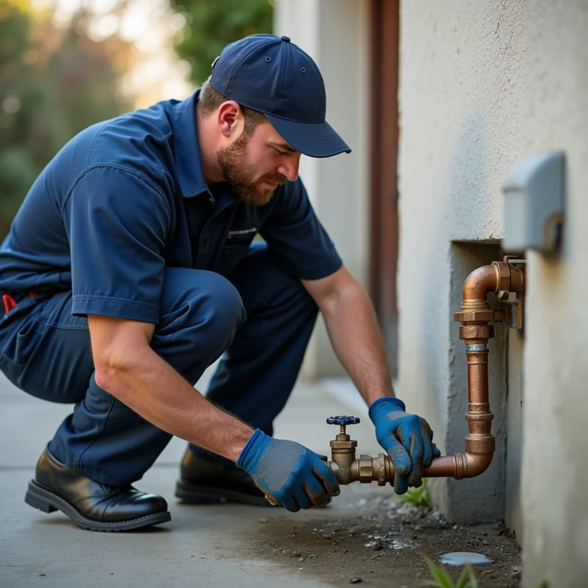 Homeowner turning a main water shutoff valve on a wall in a garage