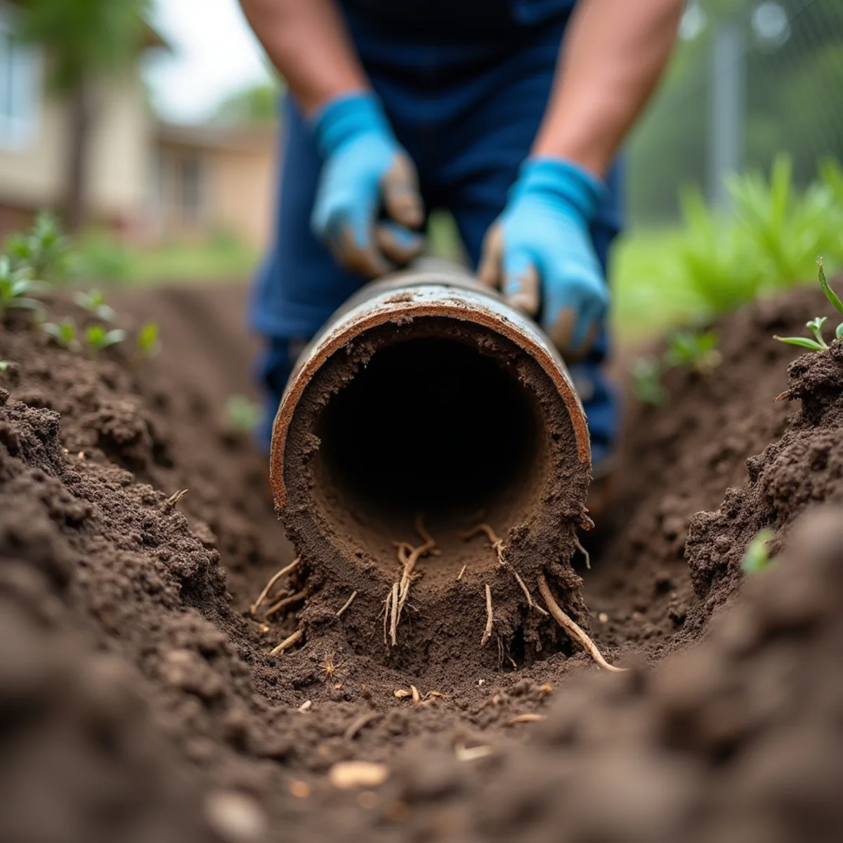 Mass of tree roots growing inside a cut-open underground sewer pipe