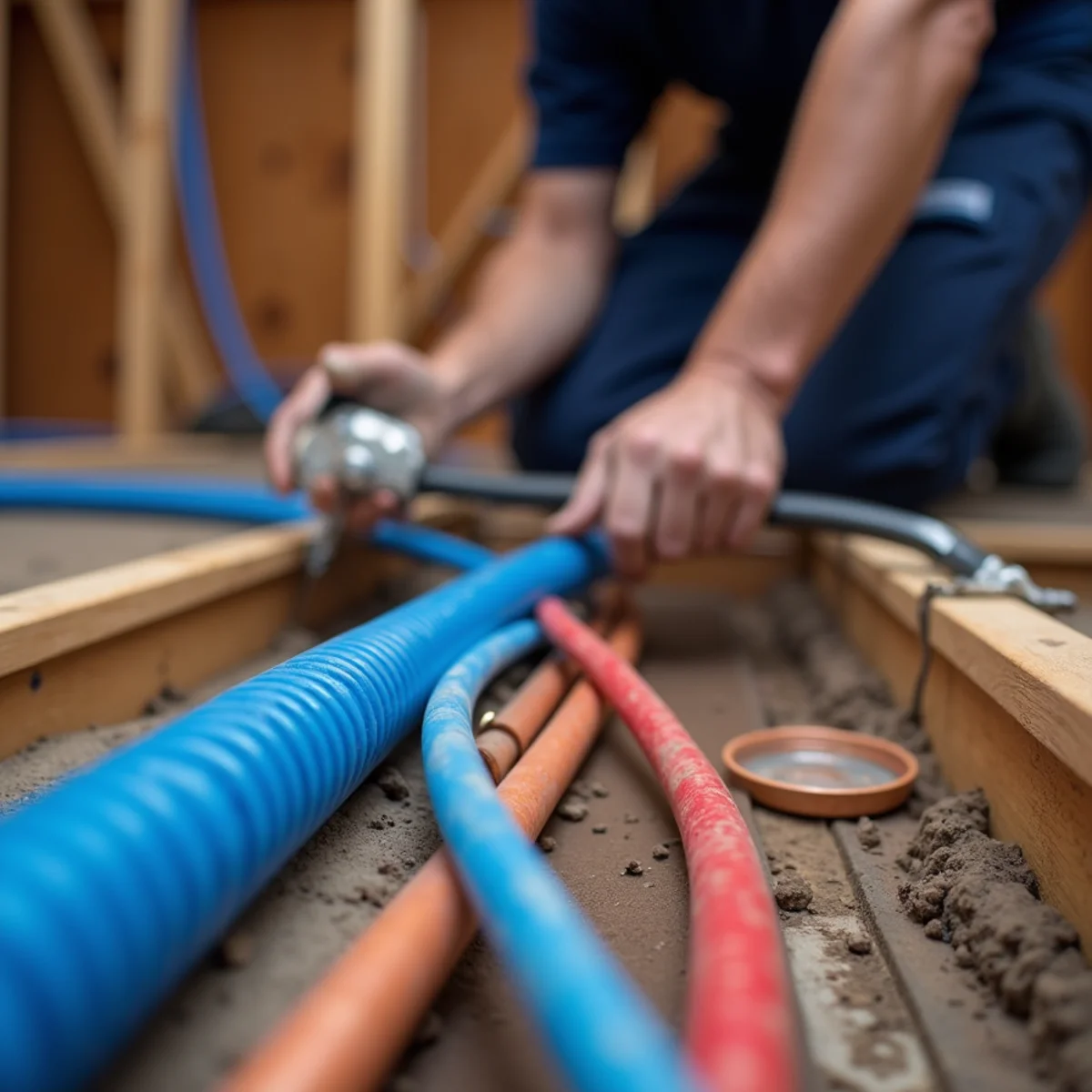 Coils of red and blue PEX tubing beside lengths of copper pipe on a workbench