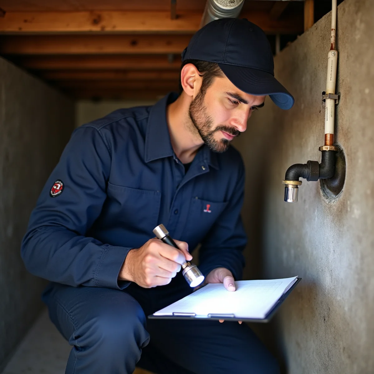 Inspector examining pipes and a water heater in a home utility area with a clipboard