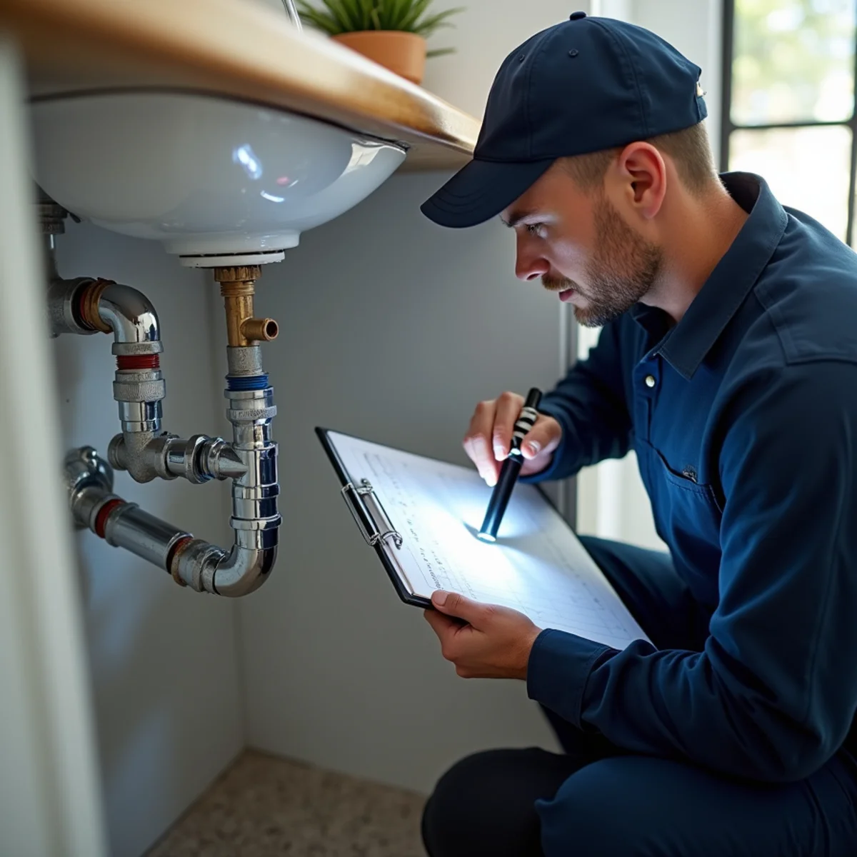 Homeowner inspecting under-sink plumbing with a flashlight and notepad