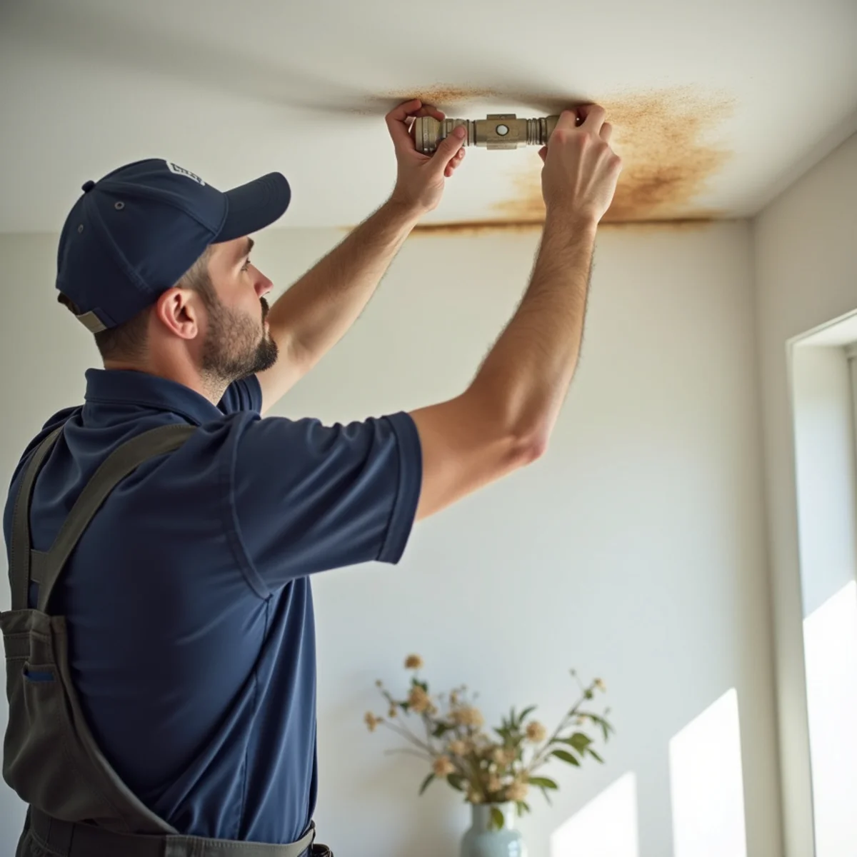 Water stain spreading across a ceiling from a hidden leak above