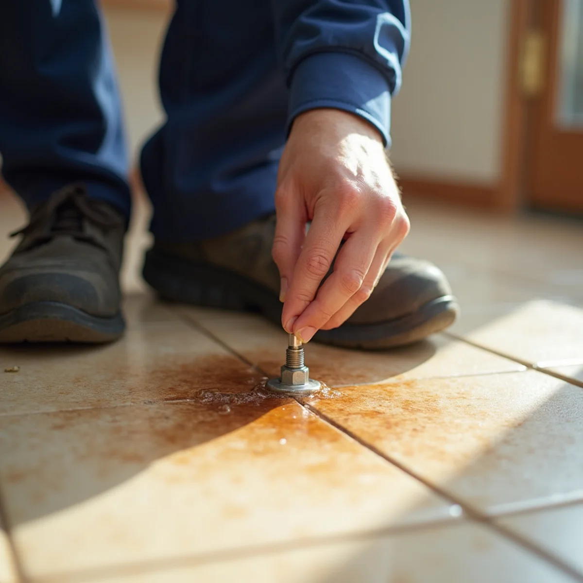 Cracked concrete floor with a damp patch suggesting a leak beneath a home foundation