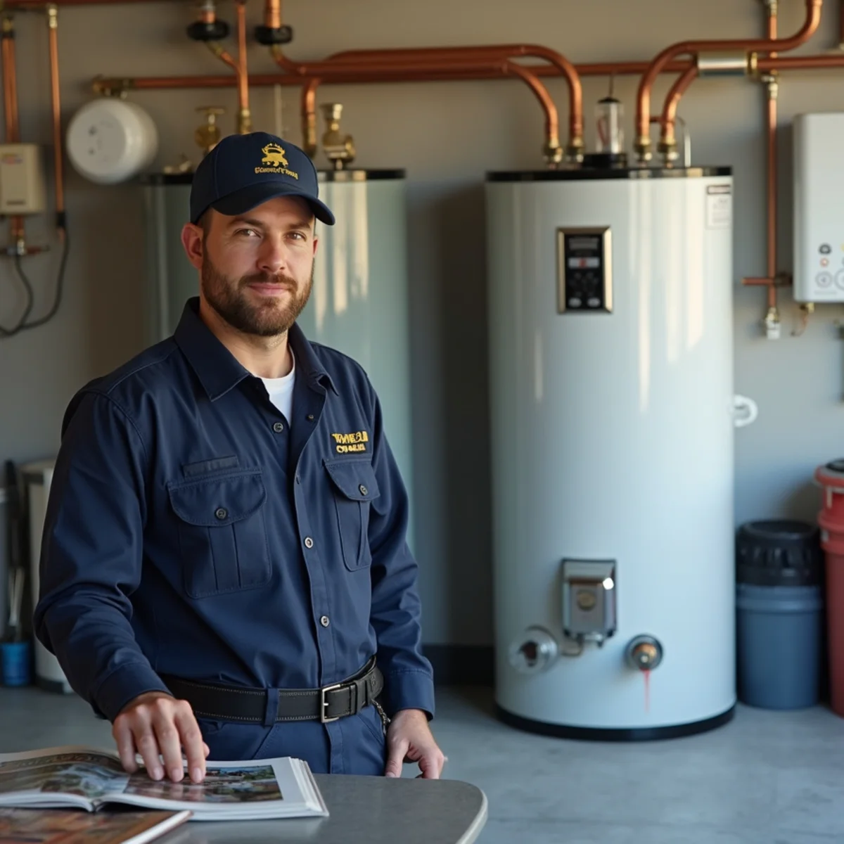 A storage tank water heater beside a wall-mounted tankless unit