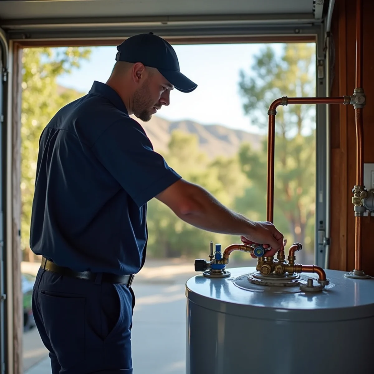 Residential water heater in a garage with a drain hose attached for flushing