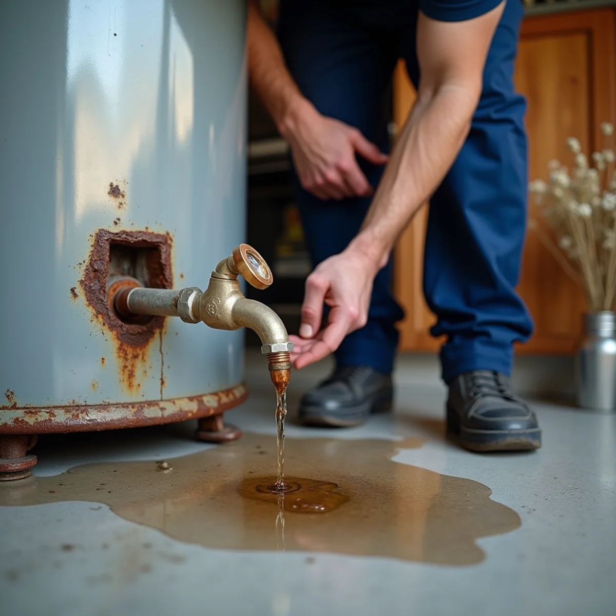 Homeowner inspecting a storage tank water heater in a garage