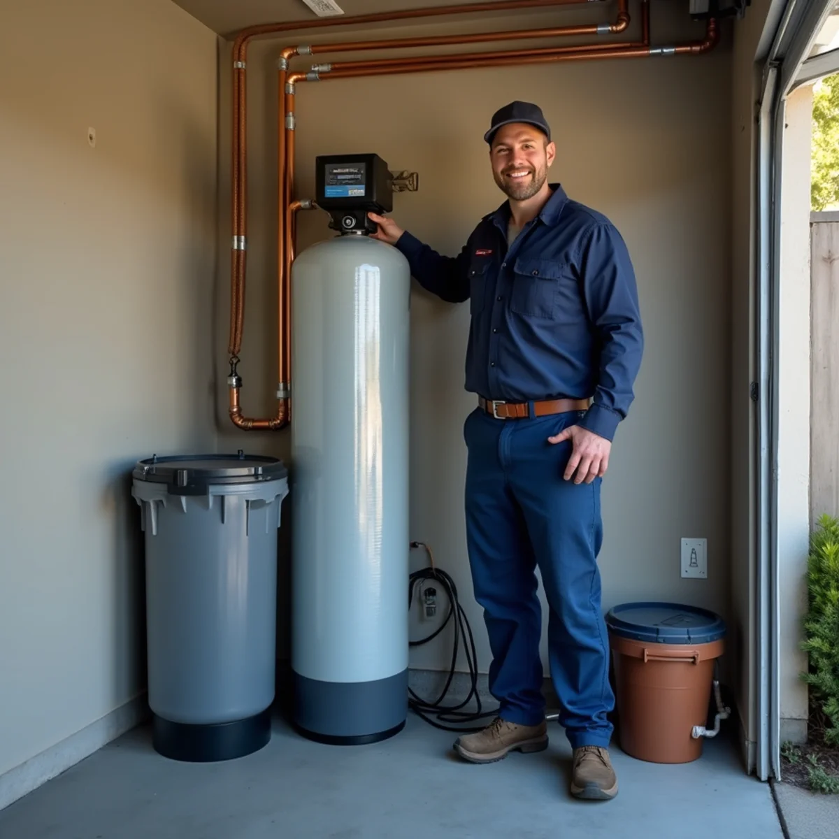 A water softener tank and a whole-house filter installed near a main water line