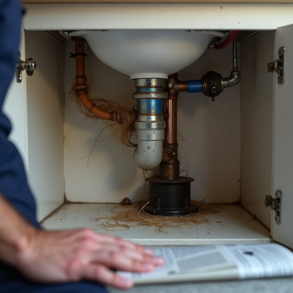 Water pooling in a kitchen sink over a slow, clogged drain