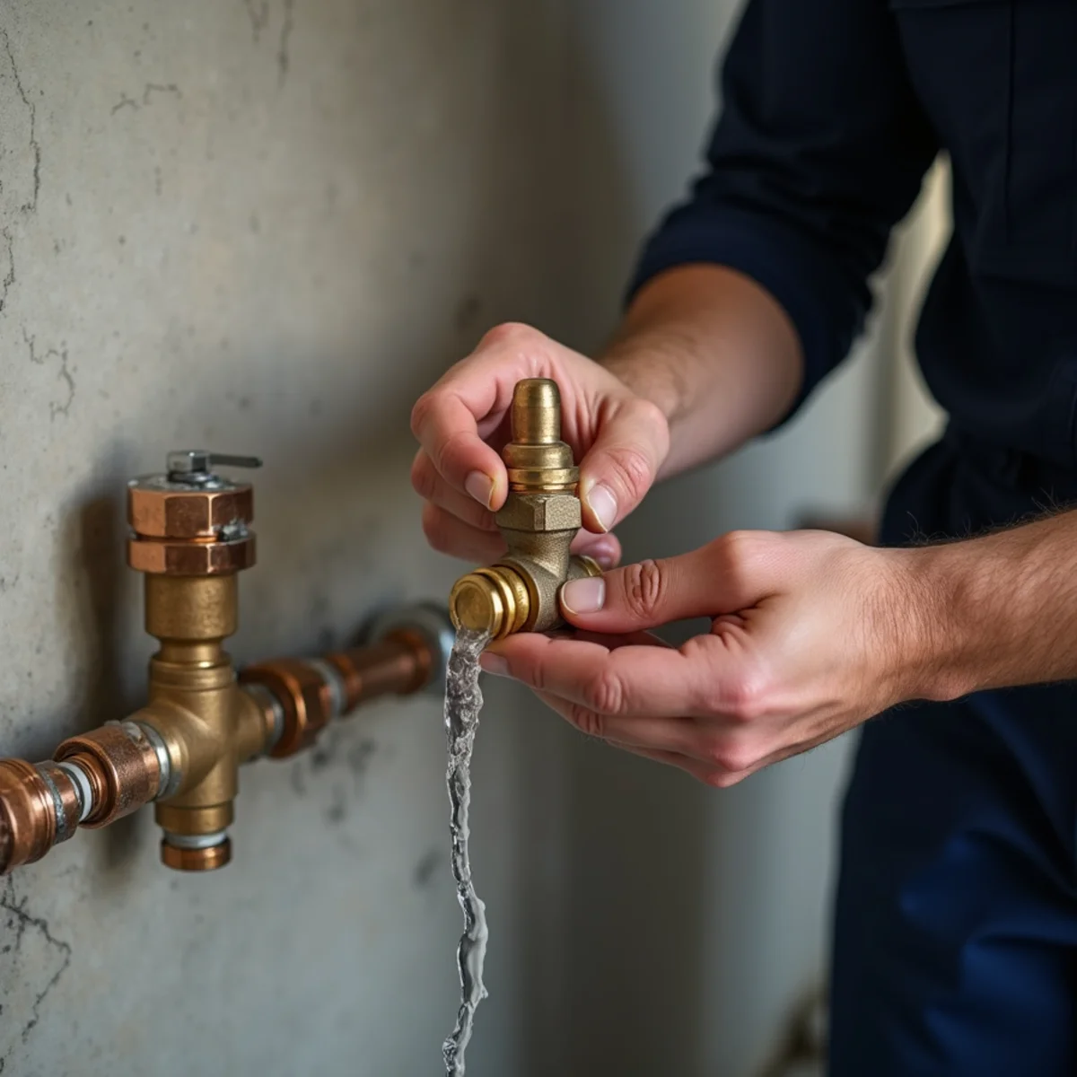 Water spraying from a split copper pipe under a sink in a home