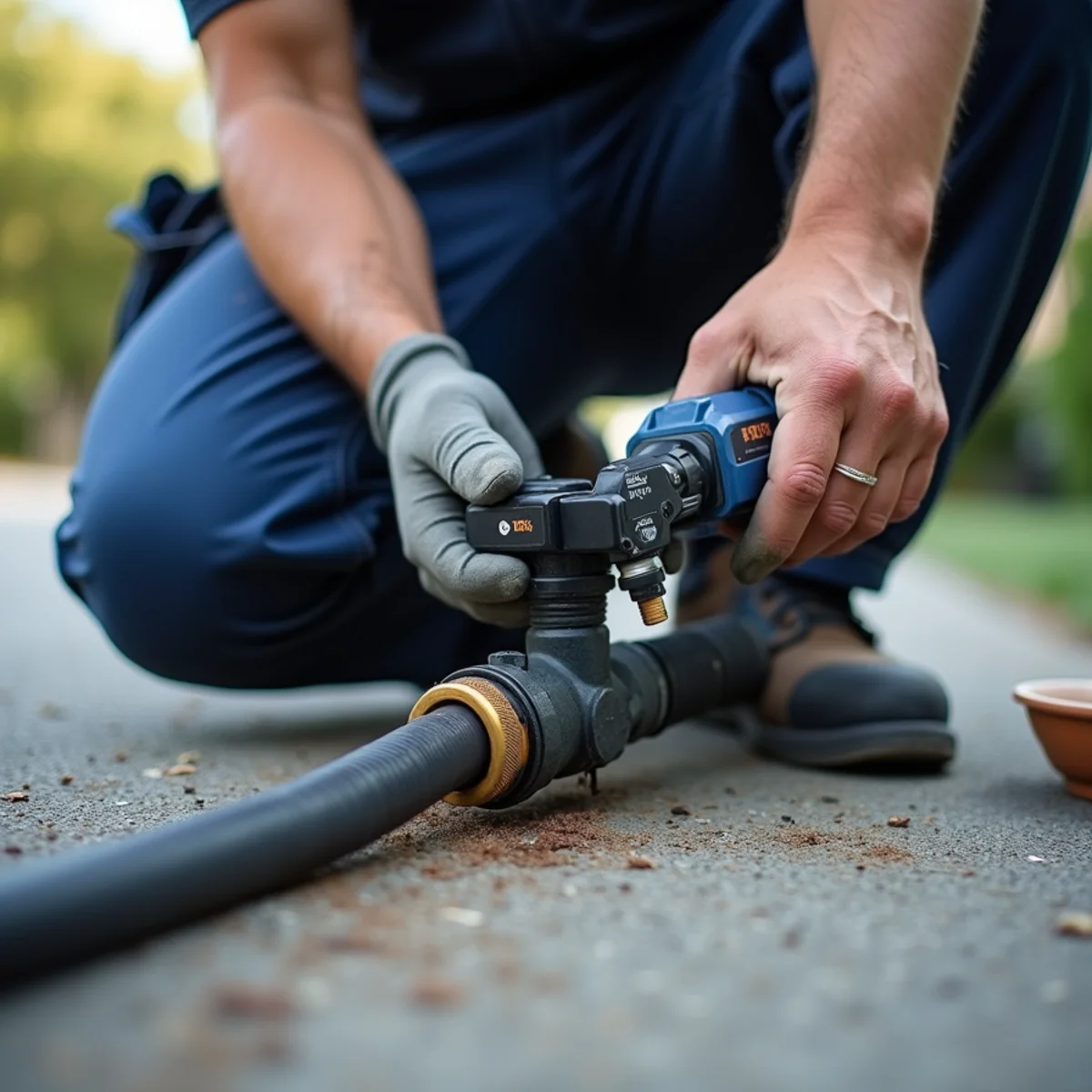 Plumber feeding a sewer camera cable into an underground clean-out