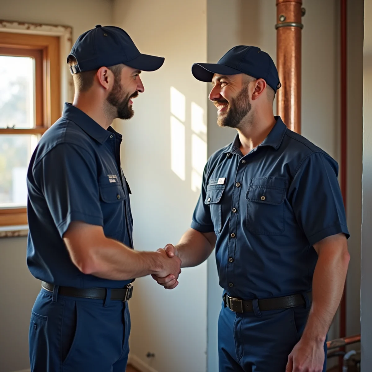 A plumber reviewing completed work with a satisfied homeowner