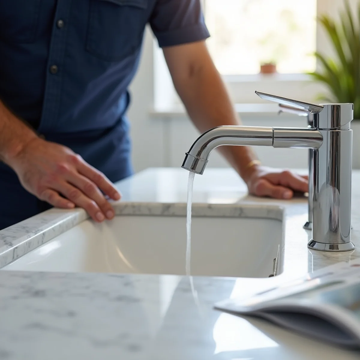 Newly installed bathroom faucet on a modern vanity
