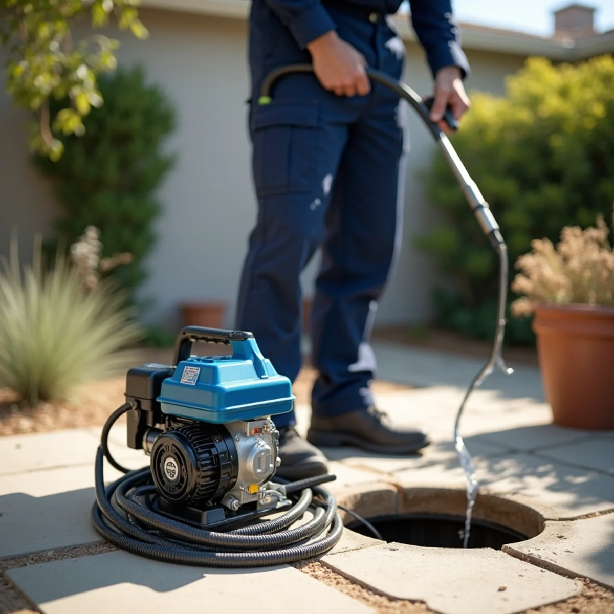 Drain-cleaning equipment set up beside a residential cleanout