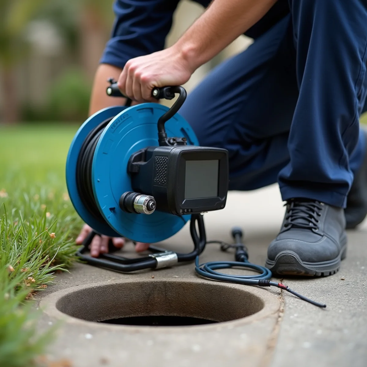 Technician performing a sewer camera inspection at a cleanout