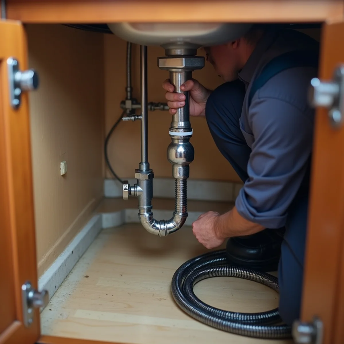 Plumber repairing a leaking connection under a kitchen sink