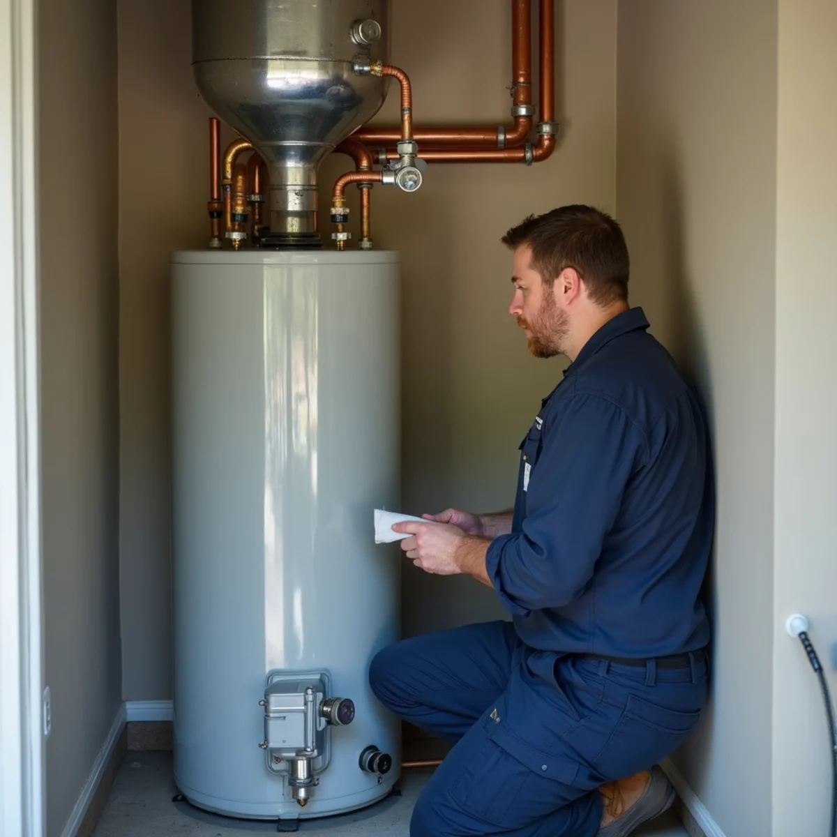 Newly installed residential tank water heater with expansion tank