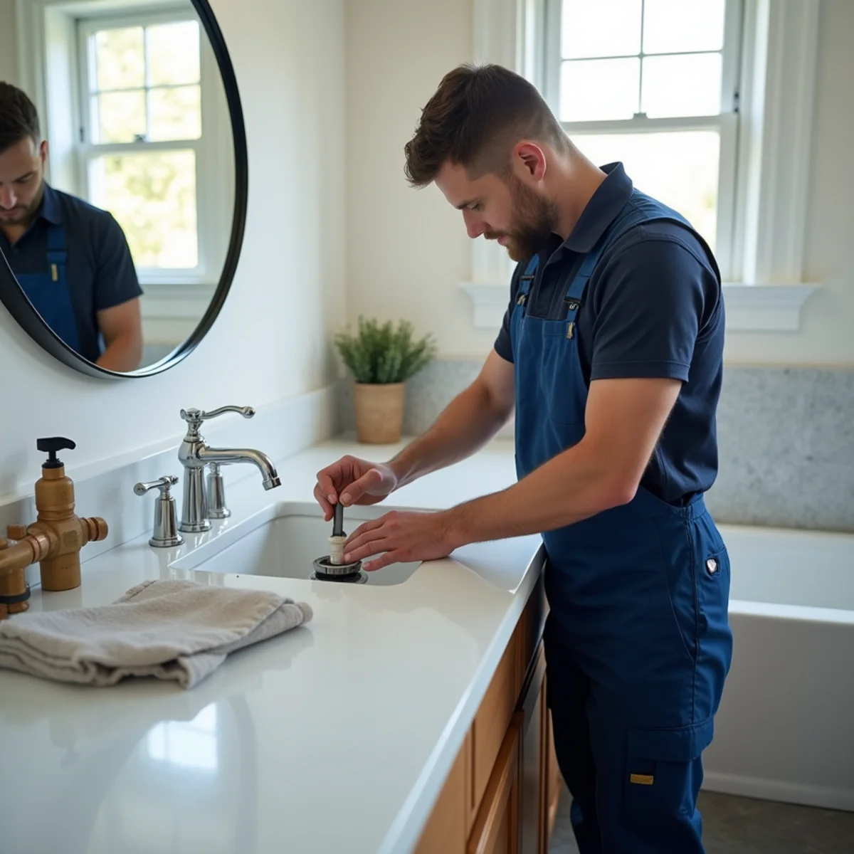 Plumber setting a toilet and connecting supply lines in an El Dorado Hills bathroom