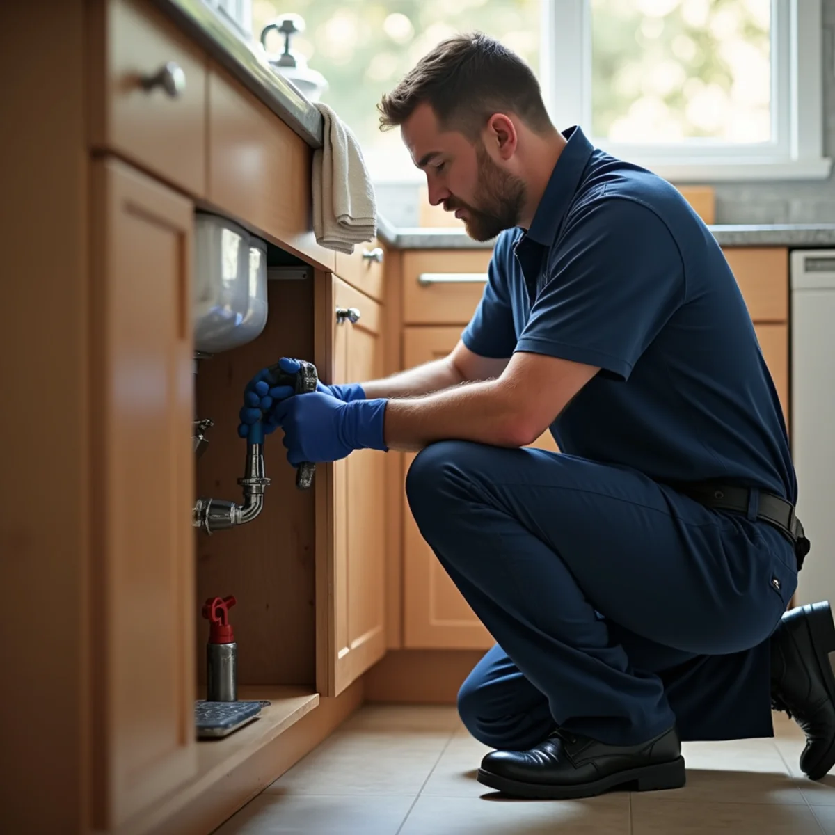 Plumber shutting off the main water valve during a leak in an El Dorado Hills home