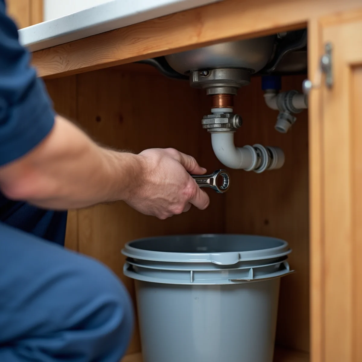 Plumber repairing a garbage disposal under a kitchen sink in an El Dorado Hills home
