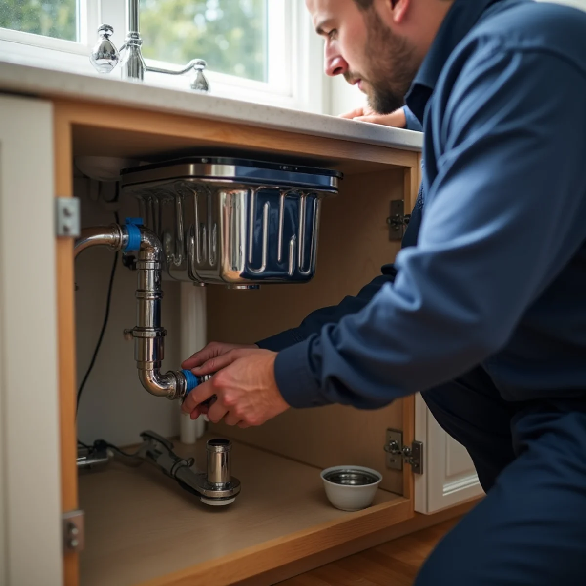 Plumber connecting a garbage disposal under a kitchen sink in an El Dorado Hills home