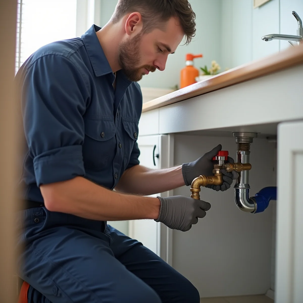 Plumber installing a new sink and supply lines in an El Dorado Hills home