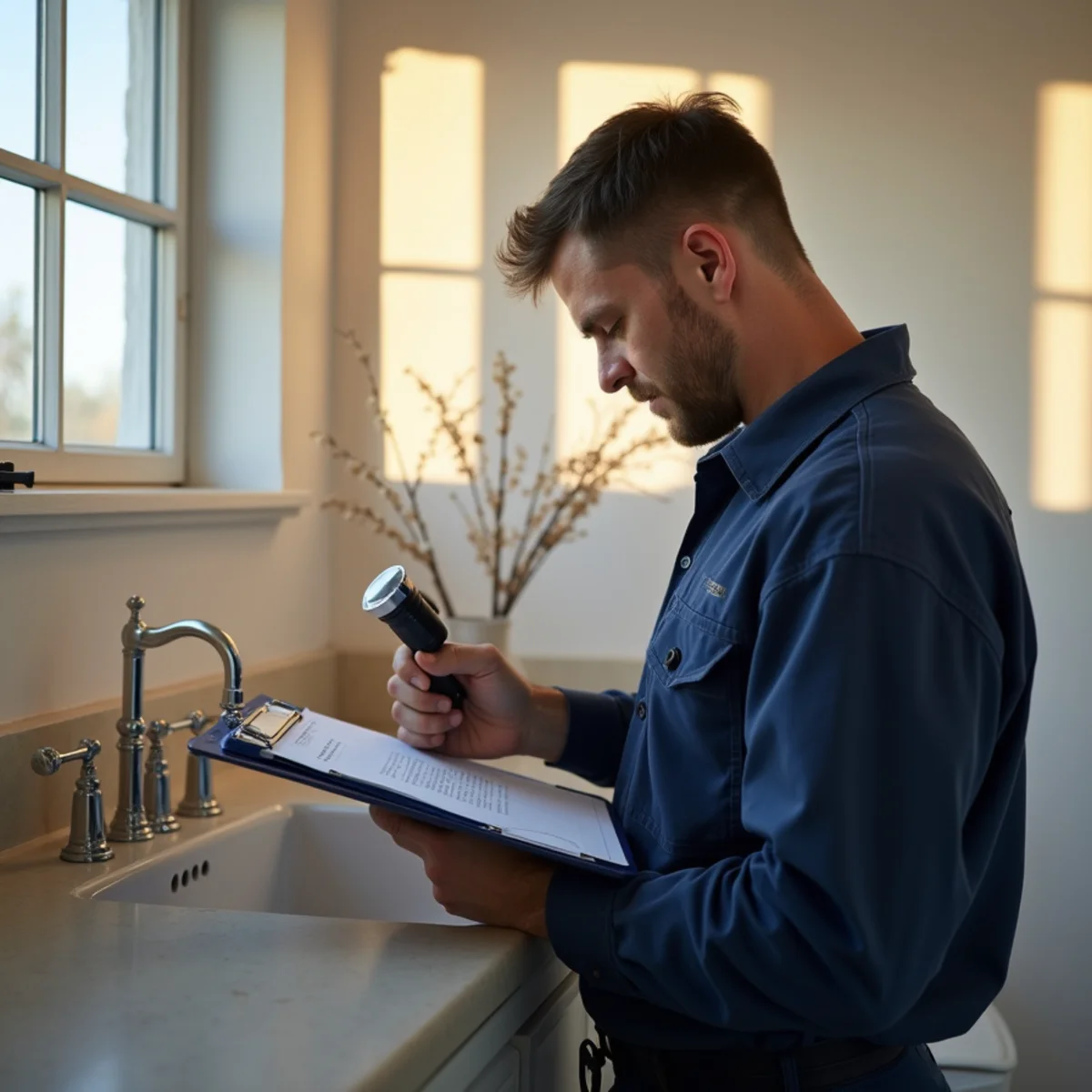 Plumber inspecting a water heater and supply lines for a homebuyer in El Dorado Hills