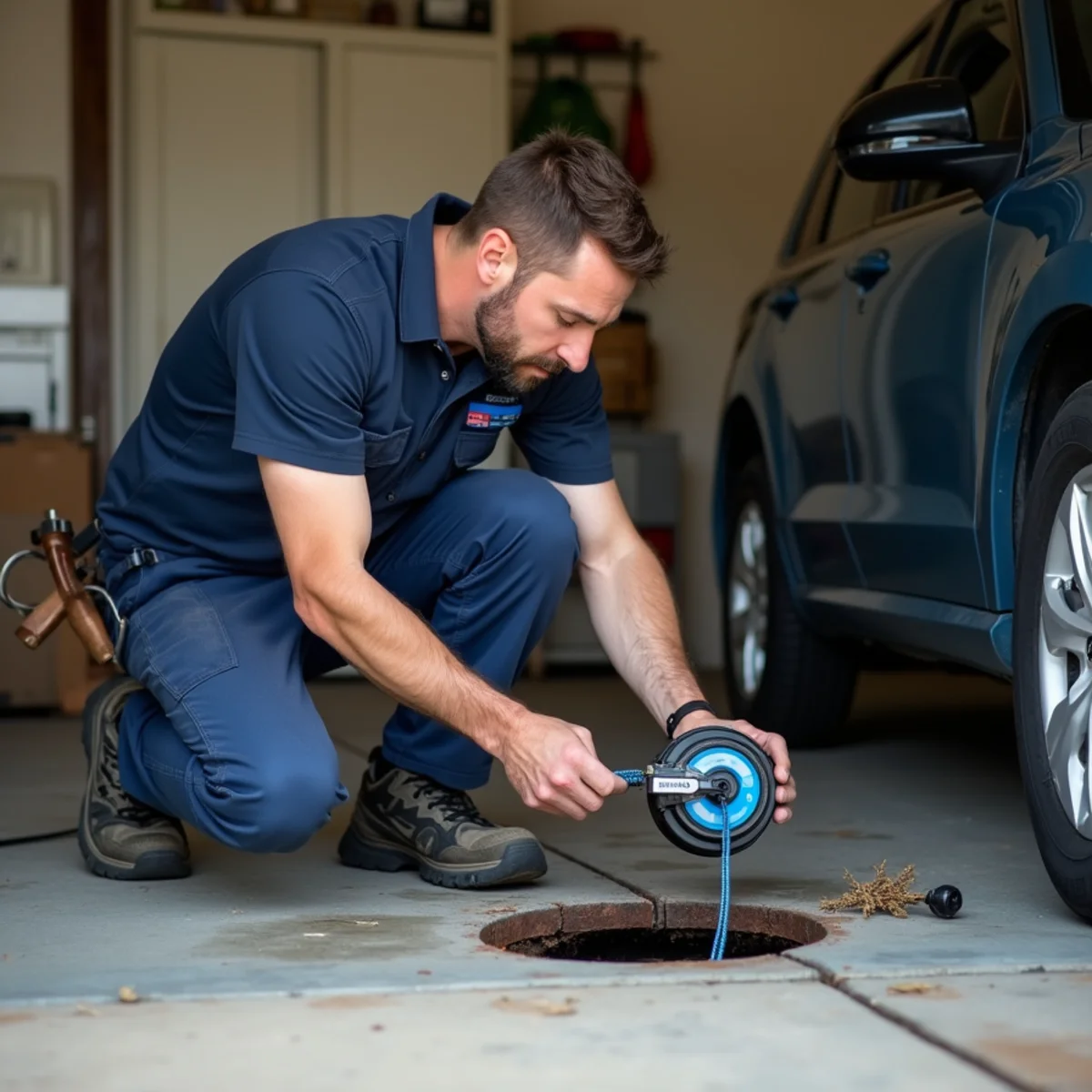 Plumber feeding an inspection camera into a sewer cleanout at an El Dorado Hills home