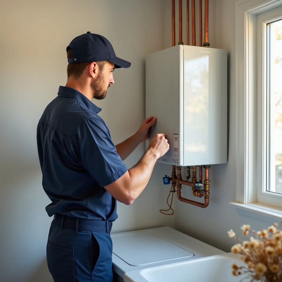 Wall-mounted tankless water heater installed in the utility area of an El Dorado Hills home