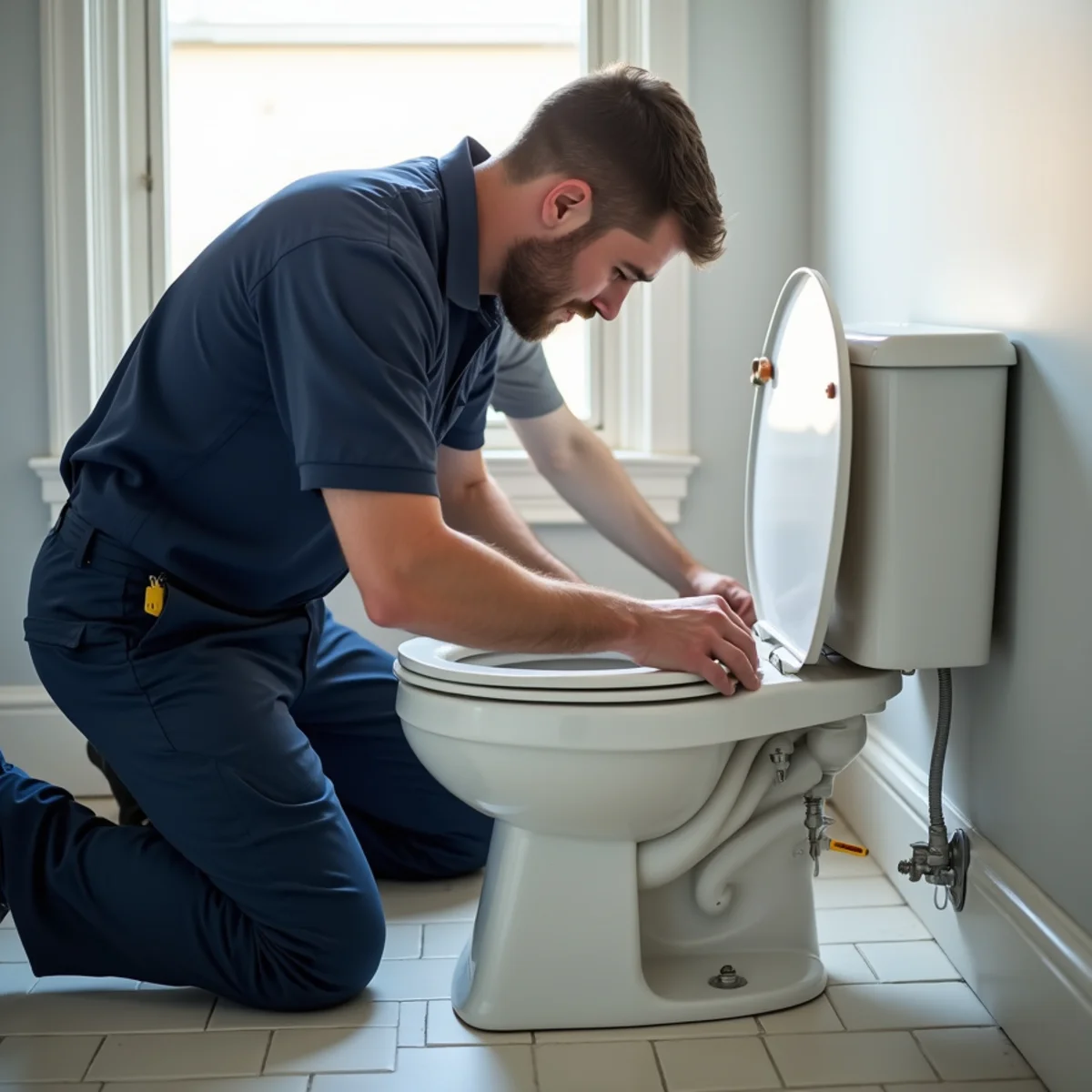 Plumber repairing a running toilet in an El Dorado Hills bathroom with neutral tile and finishes