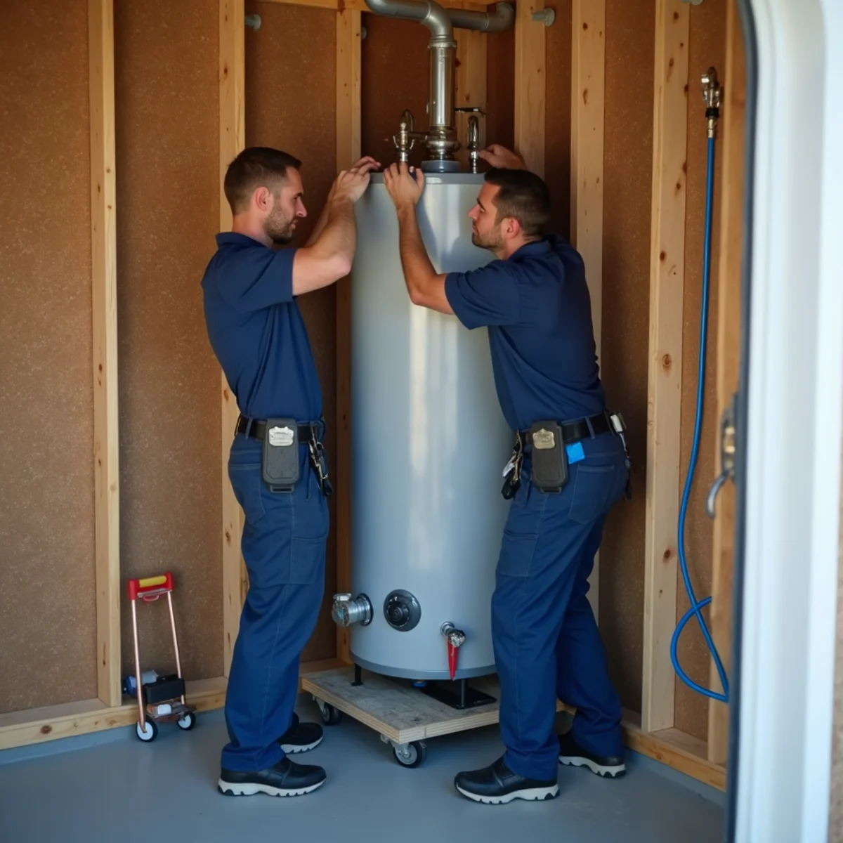 Newly installed tank water heater with expansion tank and shutoff in a clean El Dorado Hills utility room
