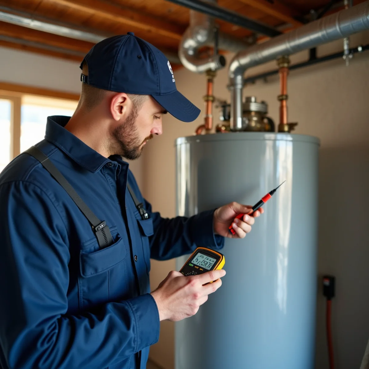 Plumber checking the thermostat and burner on a tank water heater in an El Dorado Hills garage