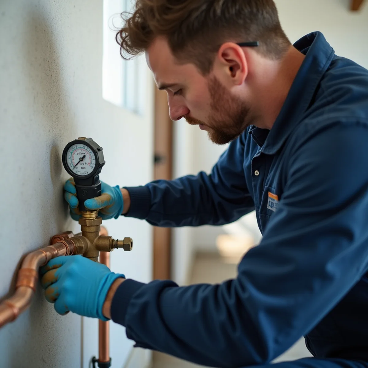 Plumber checking a water pressure gauge and regulator on the main line of an El Dorado Hills home